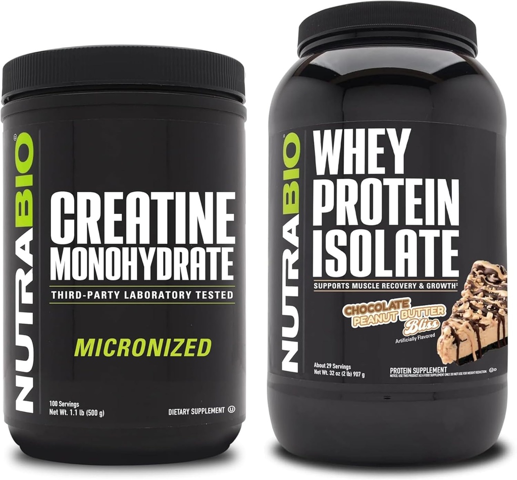 NutraBio Creatine Monohydrate, Unflavored, 500g 및 Whey Protein Isolate, 초콜릿 땅콩 버터, 보충 번들 - 근육 에너지, Lean 근육 성장, 회복 및 힘