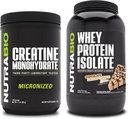 NutraBio Creatine Monohydrate, Unflavored, 500g 및 Whey Protein Isolate, 초콜릿 땅콩 버터, 보충 번들 - 근육 에너지, Lean 근육 성장, 회복 및 힘