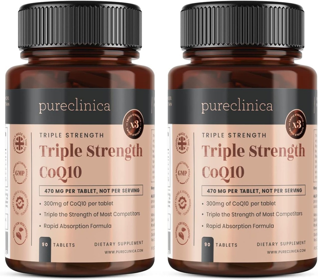 Pureclinica Fermented CoQ10 300mg x 180 정제 (90 정제의 2 병) - 6 개월 공급. 비 GMO, USP 급료. 흡수를 위한 추가된 비타민 C & 까만 고추 추출물로.
