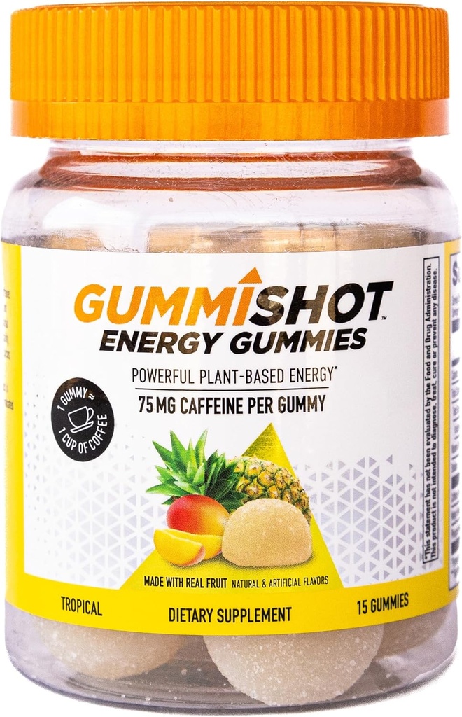 GummiShot 에너지 Gummies, 병, 긴 지속 에너지 부스터, 열대 (15ct) 당 식물 기반 카페인 Chews의 1125 mg