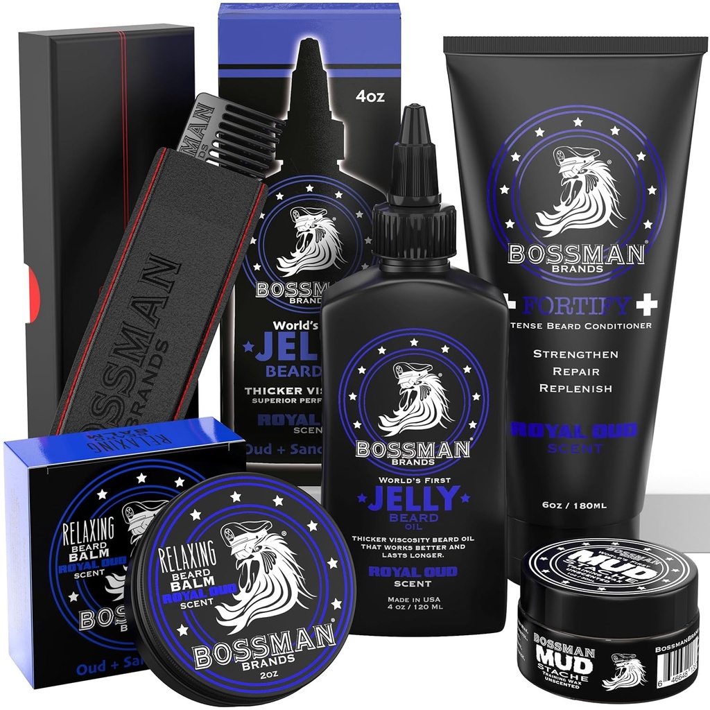 Bossman Complete Beard Kit – Men's Beard Oil Jelly, Fortifying Shower 컨디셔너, Balm, Mustache Wax & Comb – Beard Softener & Grooming Care – 남성 선물 세트 (Royal Oud Scent)