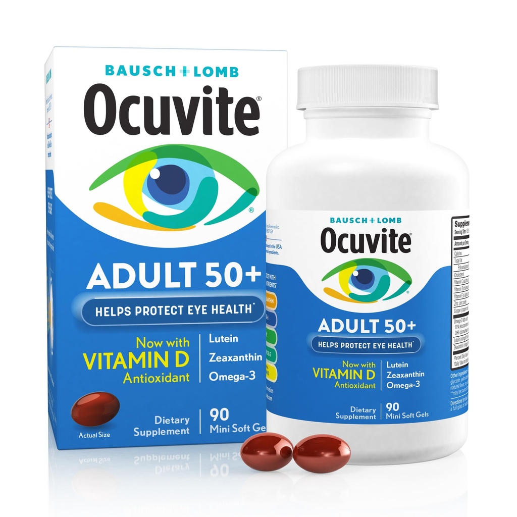 Ocuvite 50 + 눈 비타민 & 무기물 보충교재, Omega-3, 아연, 비타민 C & E, Lutein & Zeaxanthin를 가진 시각 & Ocular 건강을 위한 Multivitamin, 여성과 남자를 위한 아연 보충교재, 90 Softgels