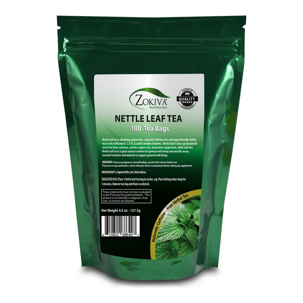 Zokiva Nutritionals - Nettle Leaf Tea Bags Mega Pack - 100 프리미엄 품질 편리한 유기농 허브 티백 - Resealable Stand Up Zip Lock 파우치에서 Caffeine-free 및 Vegan-friendly