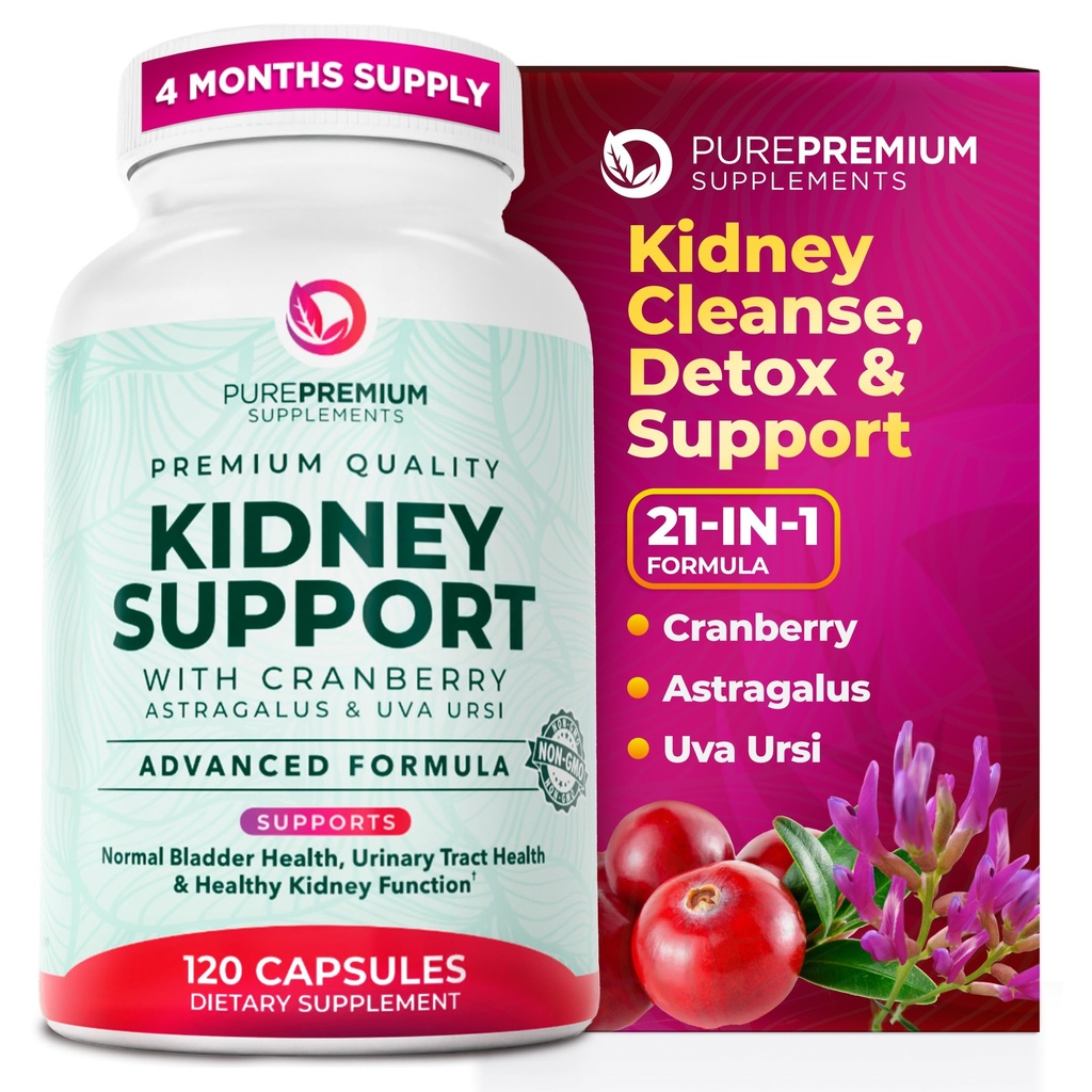 PurePremium Kidney Support Supplement - Kidney Cleanse Detox & Cranberry Extract & Astragalus - 21-in-1 Complex 지원 일반 Bladder, Urinary Tract & Kidneys Health - 120 일 공급
