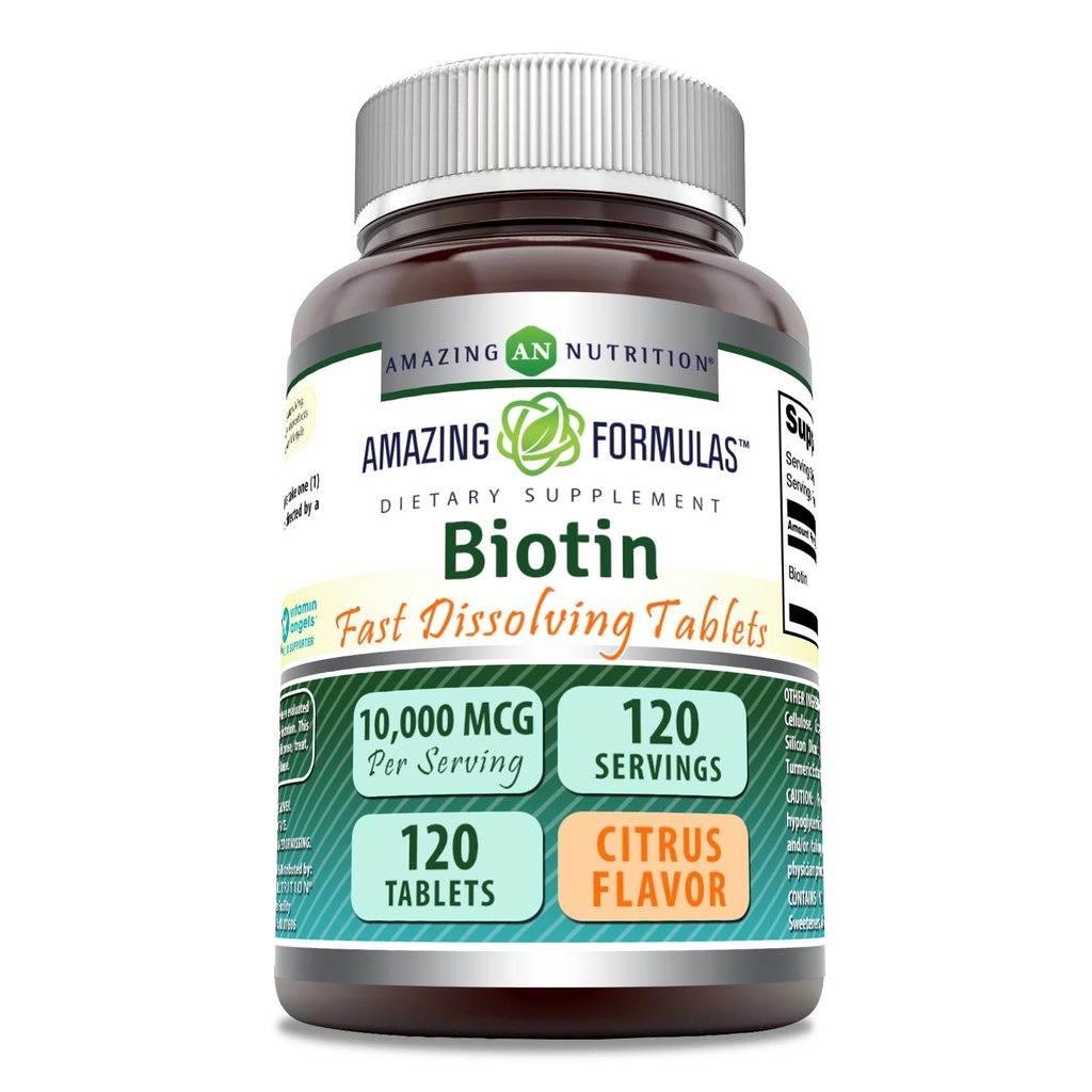 Amazing Formulas Biotin 10,000 mcg | 빠른 용해 정제 | Non-GMO | 글루텐 프리 보충 | 미국제 (시터 | 120 정제)