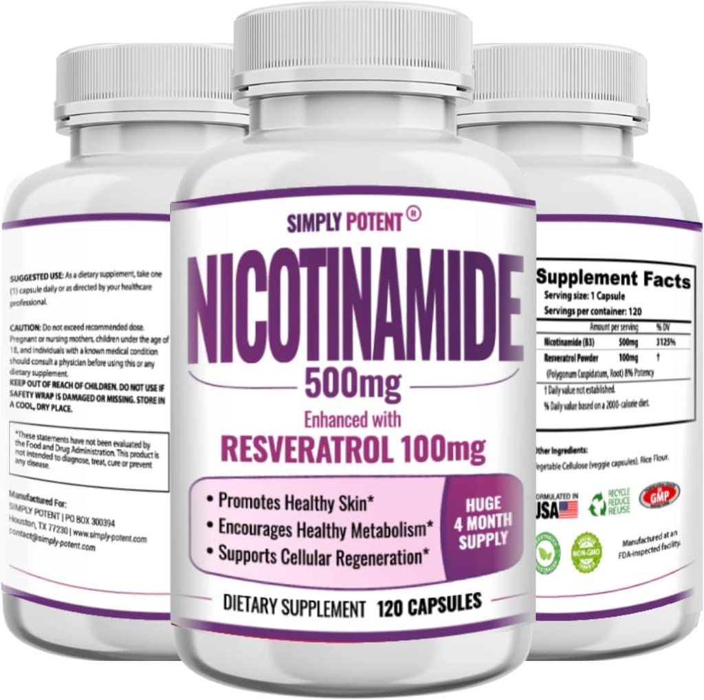 Resveratrol 100mg - 120 Veggie 캡슐 - NAD, 피부 세포 건강 및 에너지를 지원하는 비타민 B3 보충 알약