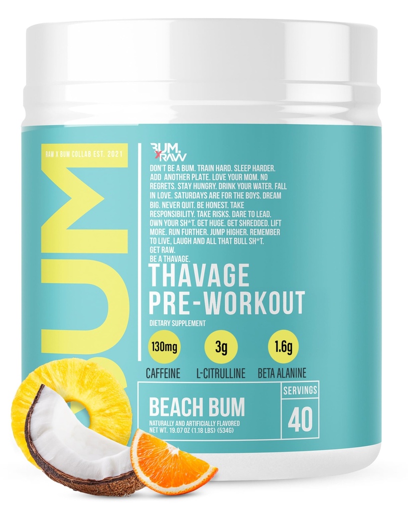 RAW Pre 운동 분말, Thavage (Beach Bum) - 남자 & 여자를위한 Chris Bumstead 스포츠 영양 보충 - Cbum Pre Workout for Working Out, Hydration, Mental Focus & Energy - 40 서빙