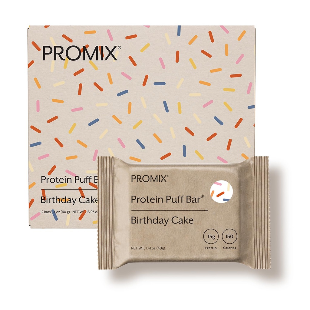 ProMix 영양 단백질 퍼프 바 - 생일 케이크 - Marshmallow Crispy 치료 - 높은 단백질 및 낮은 칼로리 - 글루텐, 콩, 옥수수에서 무료 - 12 바