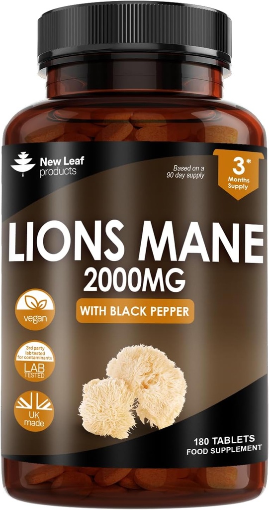 새로운 잎 제품 사자 Mane 버섯 추출물 보충교재 2000mg - 까만 고추를 가진 180 고강도 Vegan 정제 - (노트 분말 또는 캡슐) 영국에서 만드는