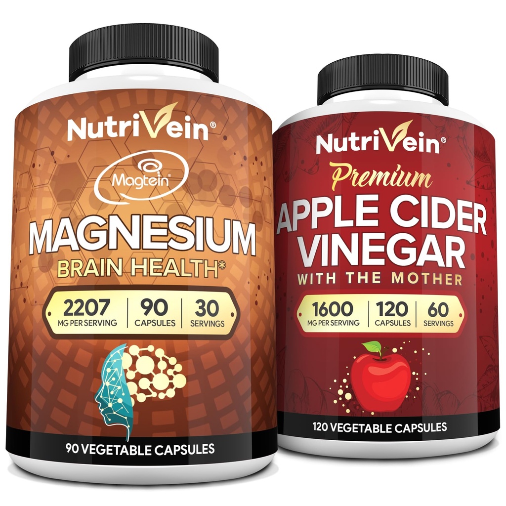 Nutrivein Premium Apple Cider Vinegar 캡슐 및 마그네슘 L-Threonate 번들 : 높은 흡수 마그네슘 Threonate Supplement 및 Apple Cider Vinegar는 두뇌, Gut, & 전반적인 Well-Being 보충제를 보충합니다.