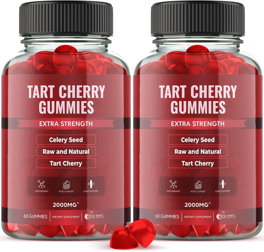 Emy's Tart Cherry Extract 2,000mg* Gummy Supplement + Celery Seed Extract 400mg*, Raw & Natural - Non-GMO - 글루텐 및 젤라틴 무료 채건, 공동 컴포트 우릭 산 클렌징