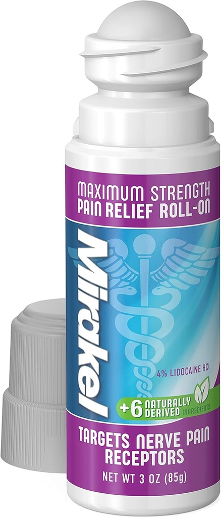 MIRAKEL Nerve Pain Relief Roll-on, Toes, 발, 손가락, 손, 다리 & 팔, 3개 oz에 있는 고통을 구호하는 최대 힘 리도카인