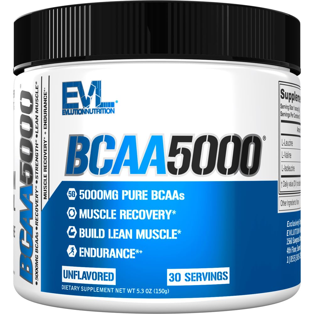 Evlution EVL BCAAs 아미노산 분말 - BCAA 분말 포스트 운동 회복 음료 및 자극 자유로운 전 운동 에너지 - 남자를 위한 5g 분지된 사슬 아미노산 보충교재 - Unflavored