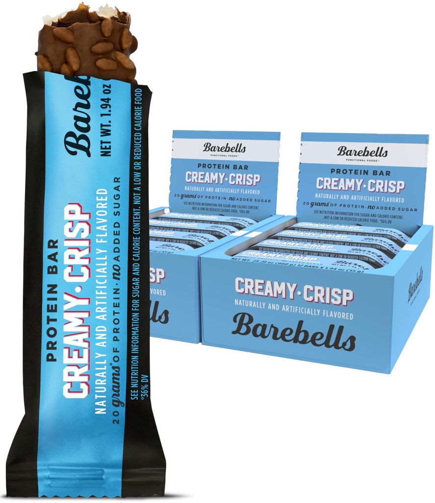 BAREBELLS Protein Bars Creamy Crisp - 12 개, 2 개 팩 - 고단백 20g - 총 설탕 1g 초콜릿 단백질 바 - Go Protein Snack & Breakfast Bar에 완벽한