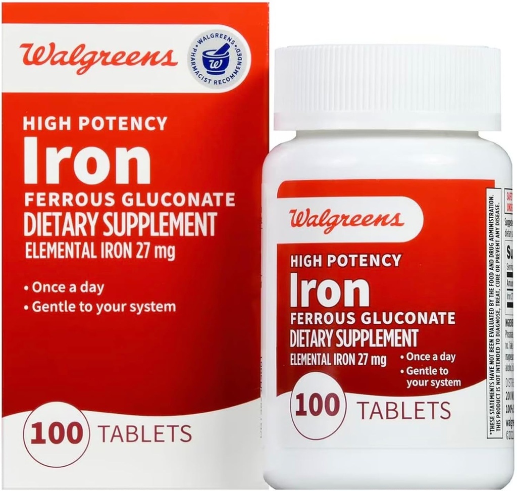 Walgreens 높은 Potency 철 철철 Gluconate 27mg의 정제, 100개의 ea