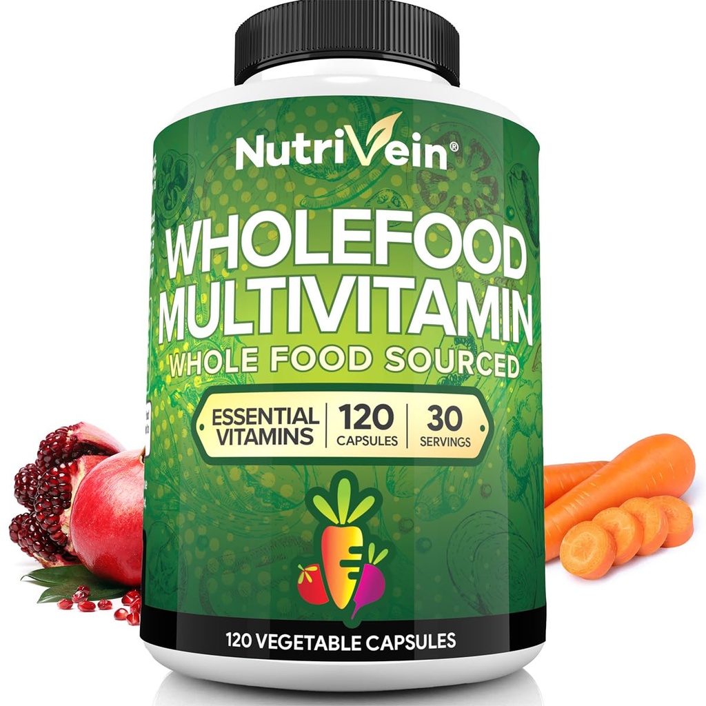 남성 & 여성을위한 Nutrivein 전체 식품 다비타민 - 성인을위한 120 Vegan Multivitamin 모자 - 매일 에너지, 면역 및 심장 지원 - Raw Fruit & Veggie Blend + B 비타민 - 아이들을위한 의도되지 않음