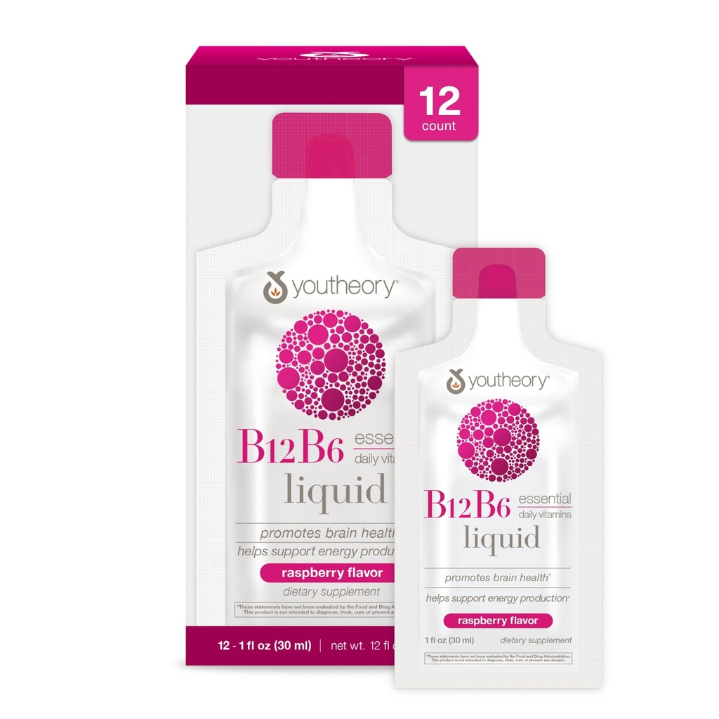 Youtheory 비타민 B12 B6, 일일 에너지 및 두뇌 지원 보충교재, 액체 라즈베리 맛, 12 - 1oz 단일 서빙 패킷