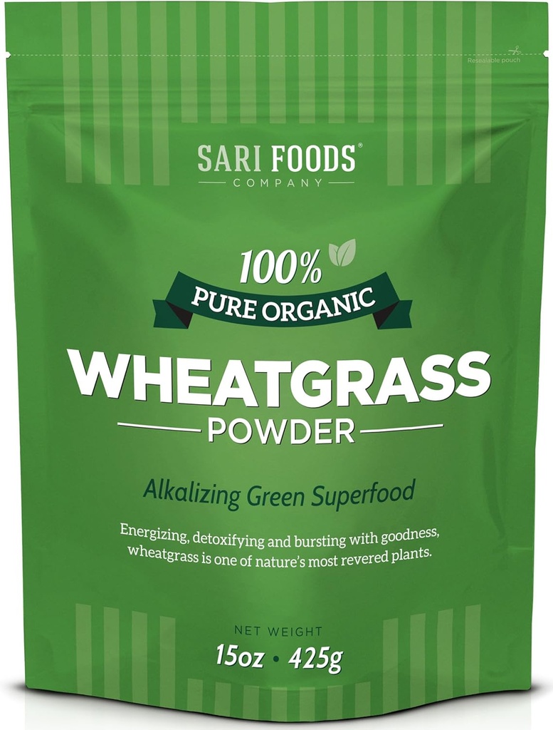 Sari Foods Organic Wheatgrass Powder - Chlorophyll, 산화 방지제 및 비타민 (15 Ounce)와 Wheat Grass Juice Powder