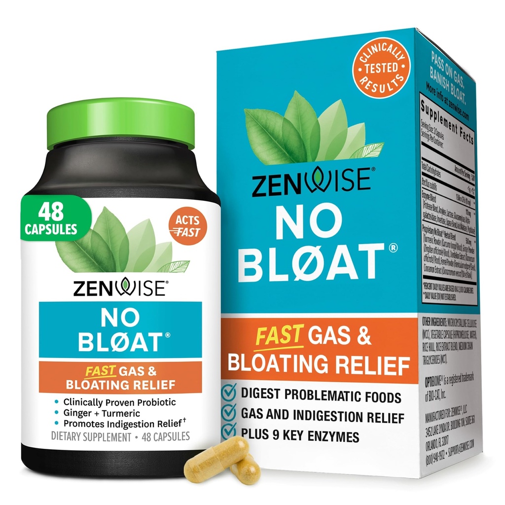 Zenwise Health No Bloat Digestive Enzymes for Gut Health, Gas & Bloating Relief - Probiotics, Ginger, Turmeric Dandelion & Lactase - 남성 및 여성 - 48 카운트