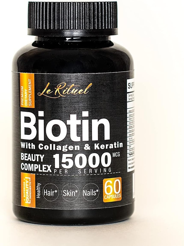 교원질 & Keratin를 가진 Biotin 비타민 - 여성 & 남자를 위한 머리 성장 보충교재 - 15000 mcg 알약 - 비타민 A, D, B1, B2, B3, B5, B6, B12 Complex - 건강한 Vegan 캡슐 - 60 조사