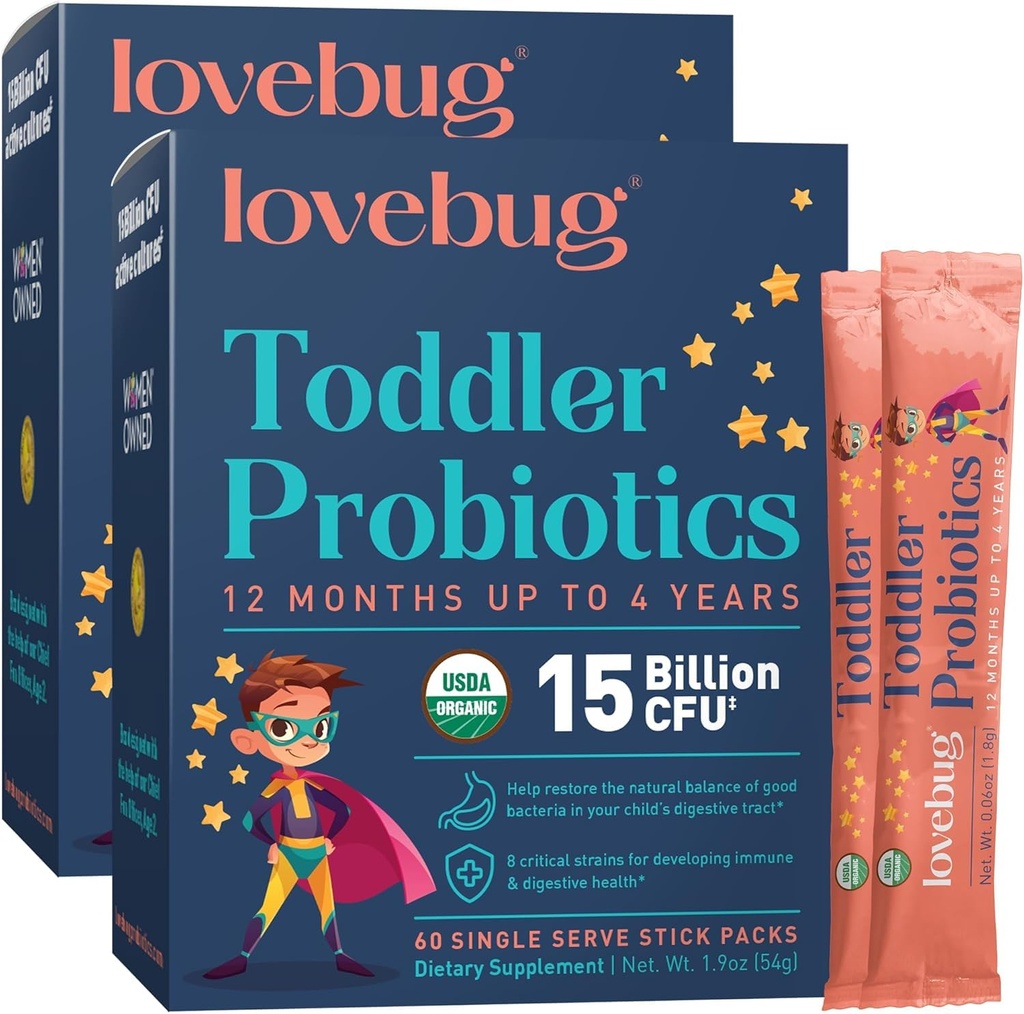 Prebiotic Fiber로 LOVEBUG Kids Probiotic Powder - 유아 면역 지원 및 변비 완화 - 어린이 Gut & Digestive Health (Ages 1-4)에 대한 USDA 유기 프로바이오틱스 - 60 Pack (불꽃)