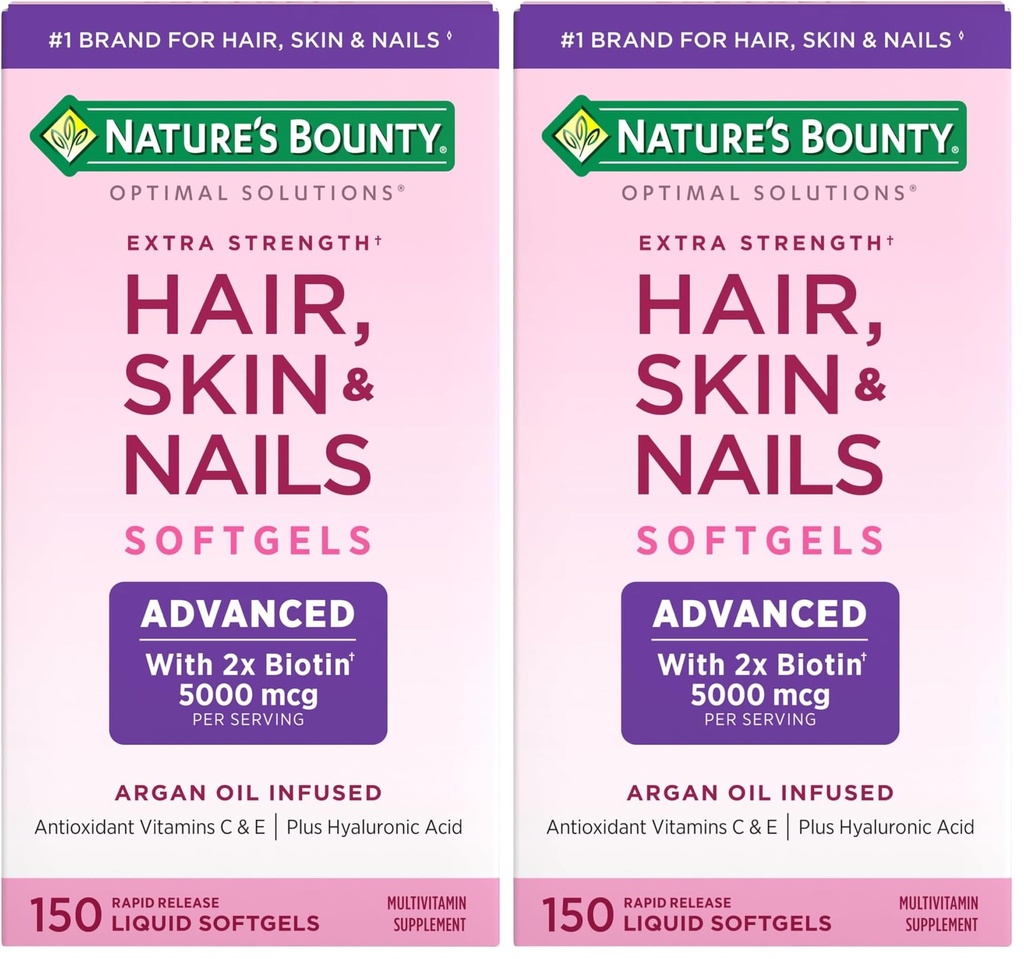Nature's Bounty Advanced Hair, Skin & Nails, Biotin와 Hyaluronic 산을 가진 Argan 주입된 비타민 보충교재, 150 급속한 방출 Softgels (포장 2)