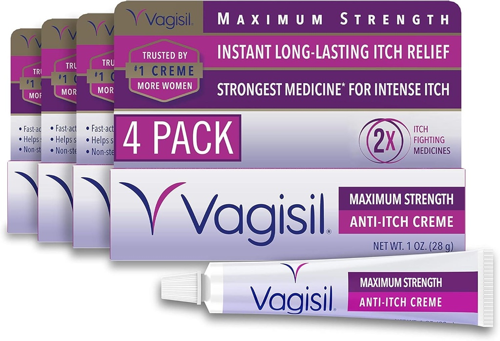 Vagisil 최대 힘 여성을 위한 Benzocaine를 가진 Feminine 반대로 Itch 크림은, Yeast Infection Irritation, Gynecologist 시험해, 빠르 행동, Soothes 및 차가운 피부, 1개 oz (포장 4)를 돕습니다