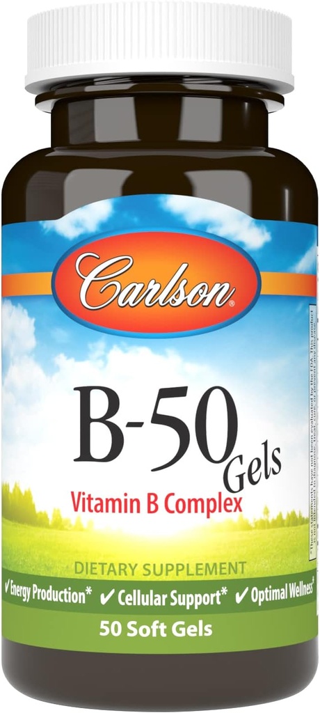 Carlson - B-50 젤, 비타민 B 복합체, 에너지 생산, 세포 지원 & Optimal Wellness, 50 Softgels