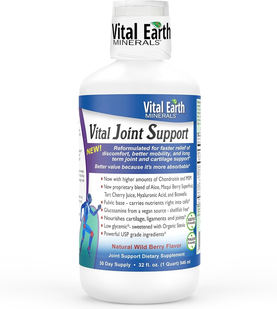 Vital 지구 액체 합동 지원 보충교재 – 글루코사민, Chondroitin, Hyaluronic 산, Boswellia & Fulvic 산 (70+ 추적 무기물), 32 Oz + 1 Oz 컵 플러스 MSM
