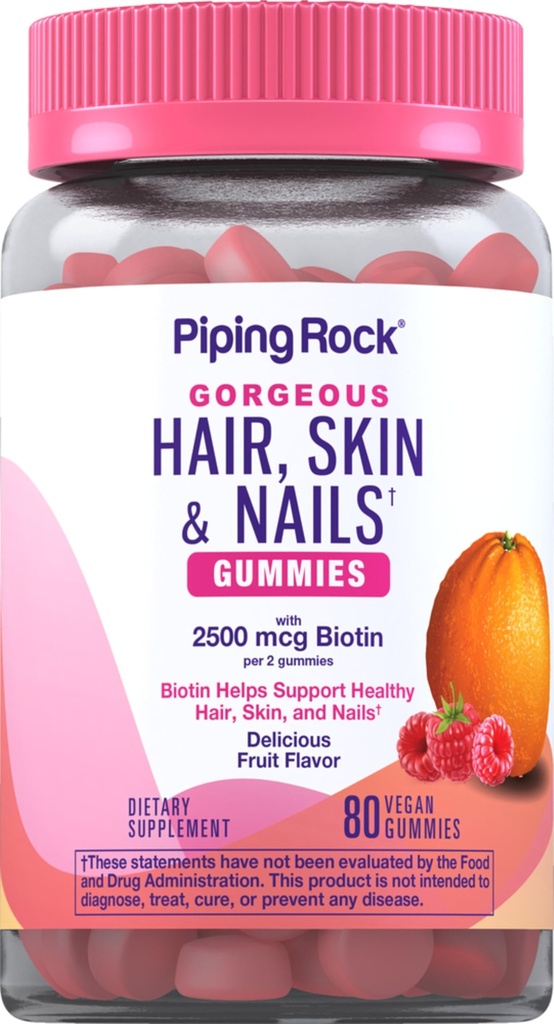 Piping Rock Hair Skin and Nails Vitamin | 80 Gummies | 바이오틴 2500 mcg | 비타민 C와 E | 과일 맛 | 비 GMO, 글루텐 무료 보충
