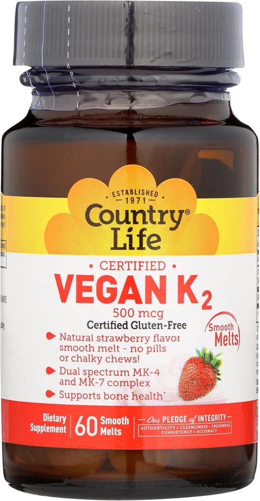 국가 생활 Vegan 비타민 K2, 500 mcg, 이중 스펙트럼 MK-4 및 MK-7 복합체, 지원 뼈 & 치아 건강, 60 Chewable 정제, 딸기 풍미