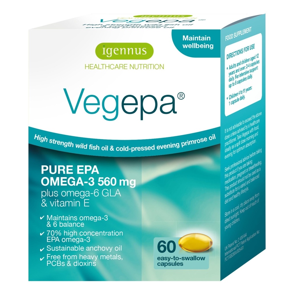 Igennus Vegepa 오메가 3 야생 물고기 기름 & 저녁 Primrose 기름 혼합, 560 mg EPA 플러스 GLA, 60 작은 Softgels
