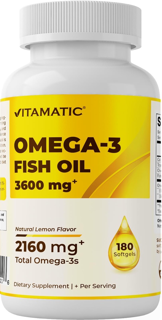 비탈적인 세 배 힘 오메가 3 물고기 기름 3600mg, 2160mg 오메가 3 지방산, 1296mg EPA + 864mg DHA, Burpless 레몬 풍미, 180 Softgels
