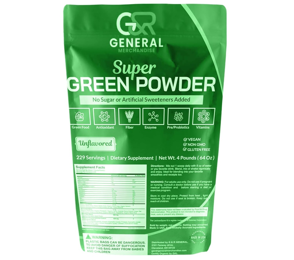 Super Greens Powder Superfood Organic, 229은 소화 효소, Probiotics & Vitamins 야채 (Wheatgrass, Spirulina & more), 과일, 4 파운드 (64oz).