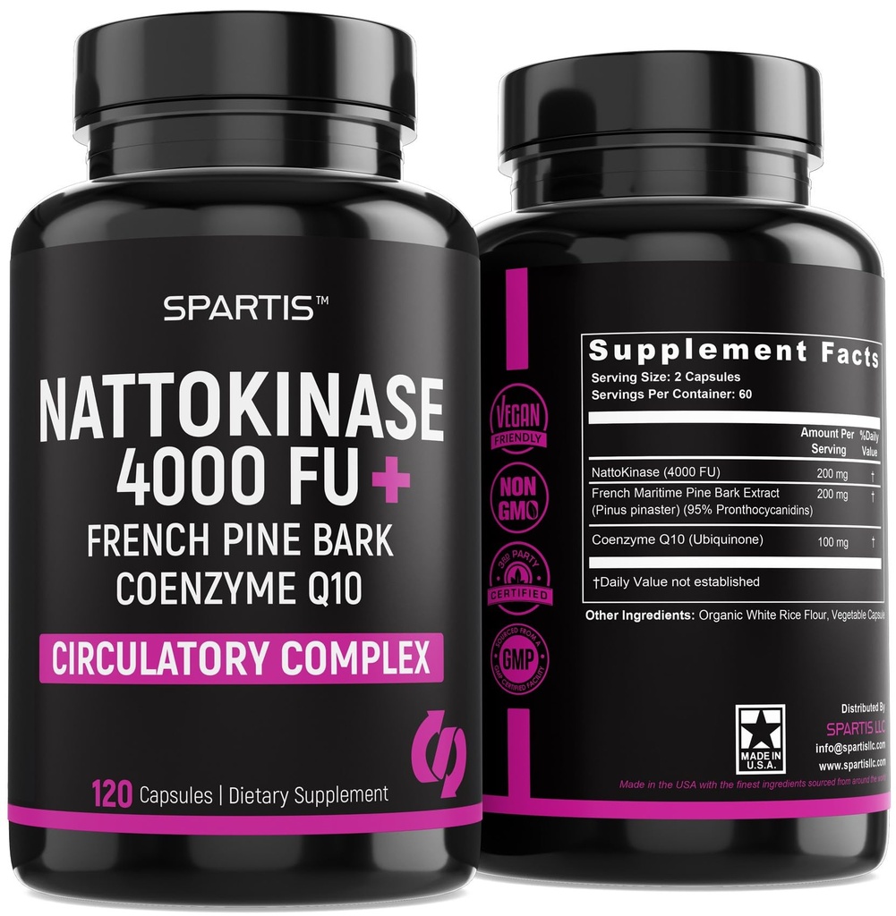 Nattokinase 보충교재 4000 FU CoQ10 100mg 프랑스 해상 소나무 껍질 추출 200mg Circulatory & 심장 혈관 지원 (120 모자에 1 팩)