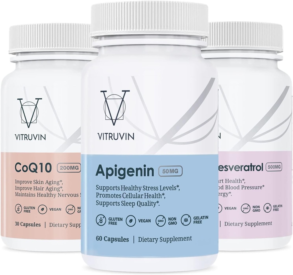 Vitruvin 스포츠 회복 (Apigenin 2 x 50mg, COQ10 200mg, Resveratrol 500mg) Vegan, 비 GMO, 글루텐 프리, 젤라틴 프리.