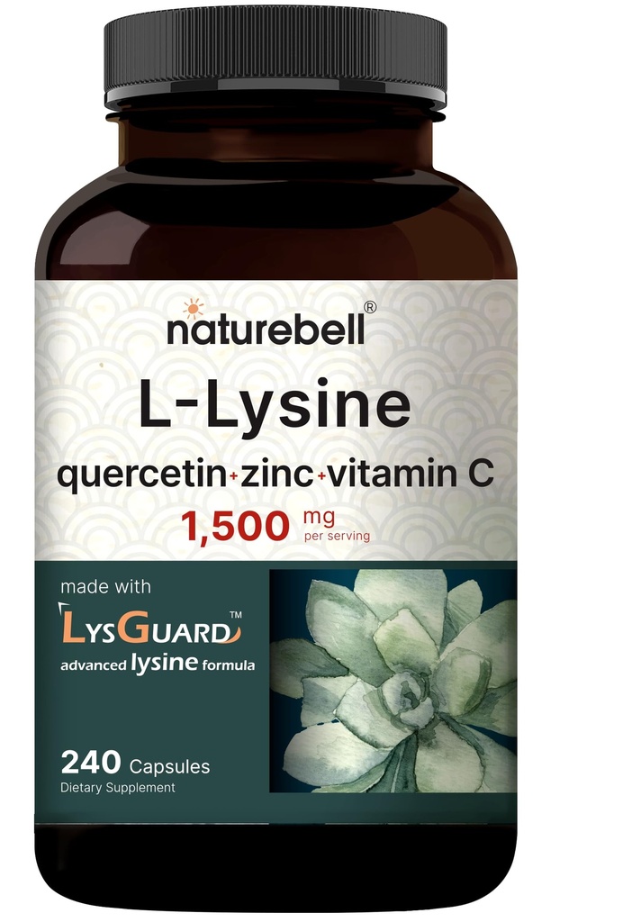 NatureBell L-Lysine 1,000mg 캡슐 + 비타민 C와 아연을 가진 Quercetin 250mg, 240 조사 | 무료 양식 아미노산, L Lysine Complex | 면역 지원, 입술 & 피부 건강 보충교재