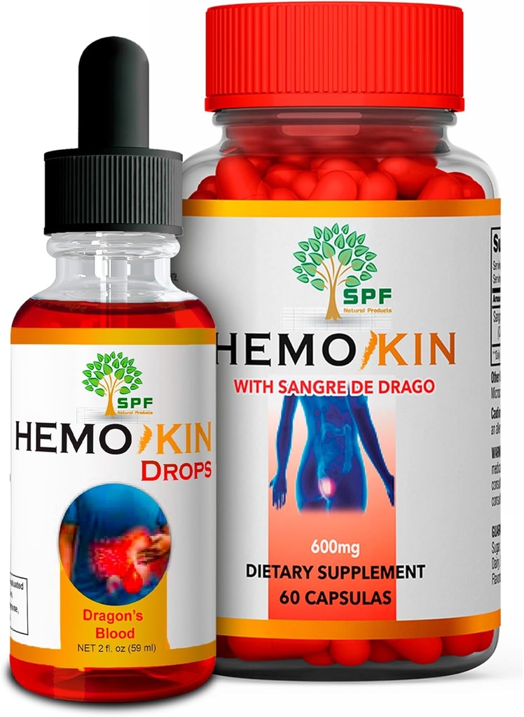 HEMOKIN 캡슐 & SPF HEMOKIN 떨어짐 Sangre de Drago | Hemorrhoid, Fissure & Wound Relief | 가려움증, 붓기, 통증 | 소화 건강 및 치유 지원 | 60 Cap + 2 Oz