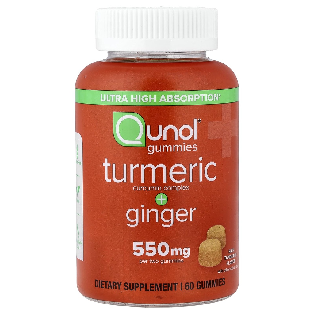 Qunol 심황과 생강, 500mg 심황 + 50mg 생강, 합동 지원 보충교재, 매우 높은 흡수 Tumeric 및 생강, Vegan, 글루텐 자유로운, 1 달 공급 60ct Gummies를 가진 거미