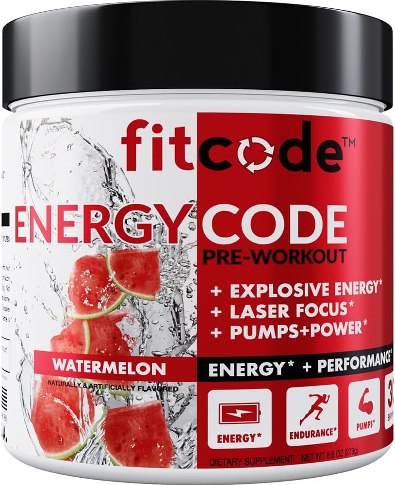 fitcode EnergyCode - Creatine 분말로 사전 운동 - 에너지 및 성능 음료 - 근육 강도 및 내구시간 보충 - Caffeine 포함 - 30 서빙 - 수박