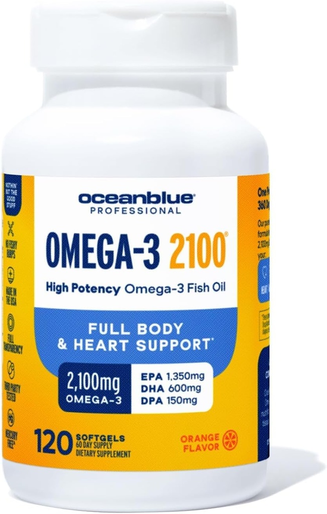 Oceanblue 직업적인 Omega-3 2100-120 ct - EPA, DHA & DPA를 가진 높은 순수성 세겹 힘 Burpless 물고기 기름 - 바다 잡초 - 오렌지 풍미, 60의 서빙