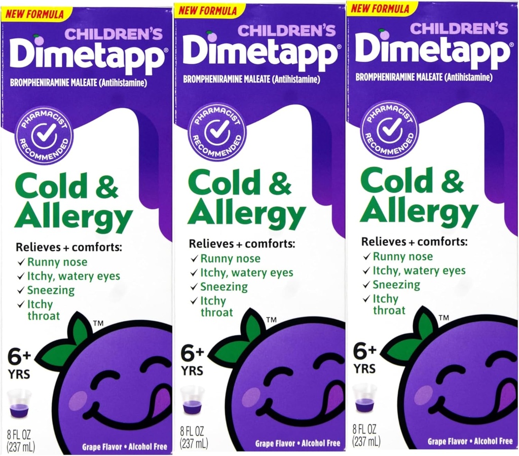 어린이 Dimetapp® 냉 & 알레르기 액체 - 포도 맛, 알코올 - 무료, 8 fl oz - 3 팩