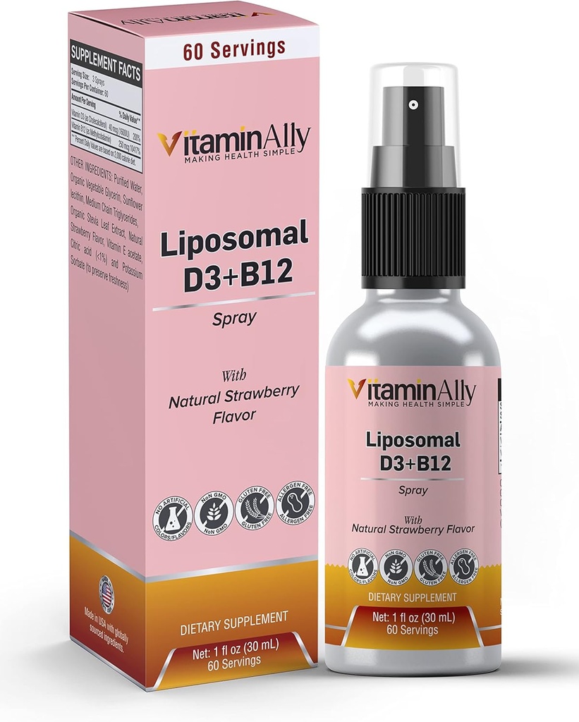 Liposomal 액체 비타민 D3 + 비타민 B12 스프레이 |2 개월 공급|1 fl oz|Non-GMO |Sugar Free|여행 친절| 면역 지원, 뼈 건강, 지원 에너지, 두뇌 기능