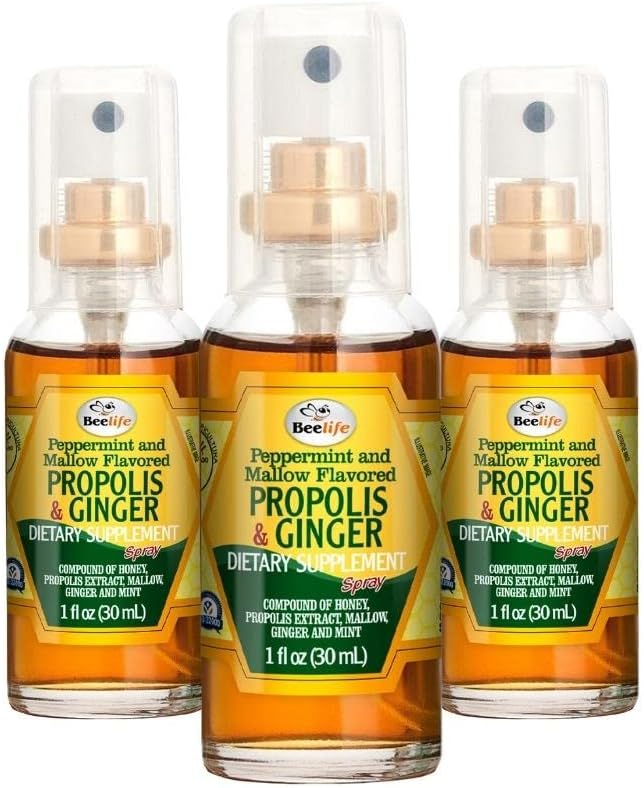 Beelife Propolis Throat 스프레이– Soothing 꿀 & Ginger Propolis 스프레이- 자연 면역 지원 & 꿀벌 프로 폴리스 추출물 산화 방지제, Flavonoids & Artepillin, 설탕 없음, 글루텐 - 무료 3-Pack, 90ml