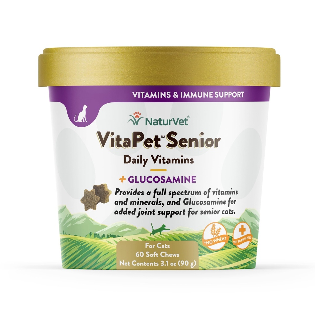 NaturVet VitaPet 시니어 데일리 비타민 Cats Plus Glucosamine, 특히 필수 미네랄, 90g, 60 카운트 제공