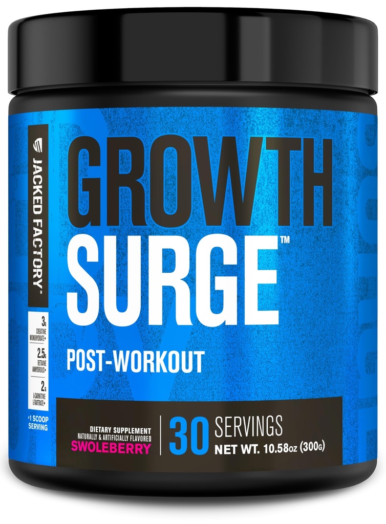 Jacked Factory Growth Surge Creatine Post Workout w/L-Carnitine - Creatine Monohydrate, Betaine, L-Carnitine L-Tartrate - 30 서빙, Swoleberry와 매일 근육 빌더 및 복구 보충