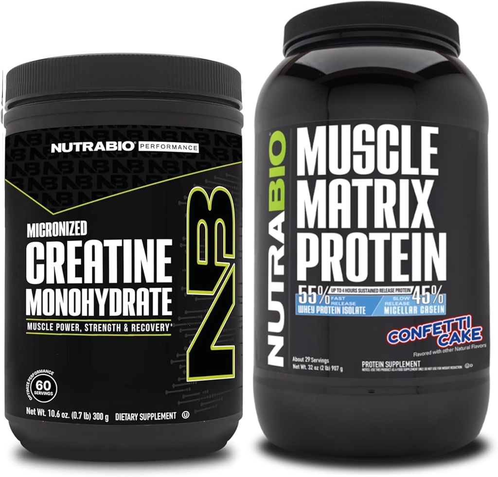 NutraBio Creatine Monohydrate, Unflavored, (300 g) 및 근육 매트 단백질 분말, (Confetti Cake) 보충 번들 - 근육 에너지, 최대 성장, 회복 및 힘