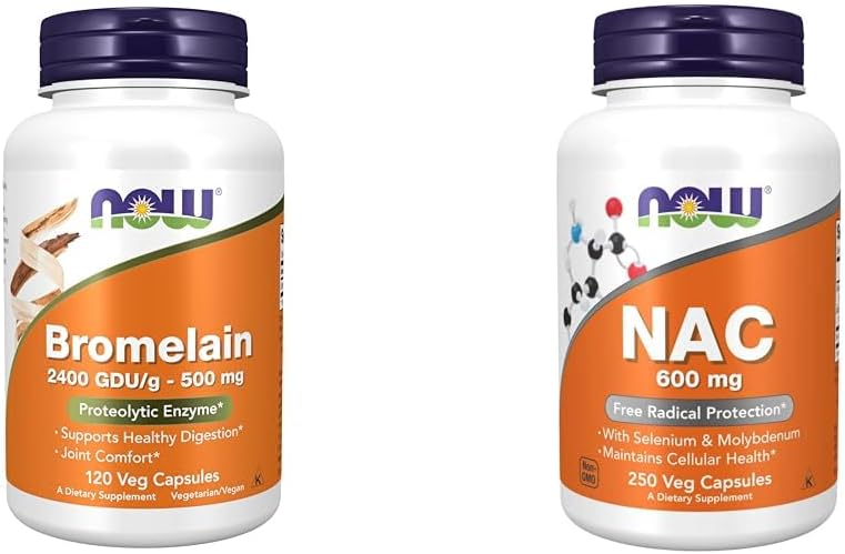 지금 보충 교재, Bromelain 2,400 GDU/g - 500 mg의 자연적인 Proteolytic 효소*, 120 Veg 캡슐 & 보충교재, Selenium & Molybdenum를 가진 NAC 600 mg, 250 Veg 캡슐