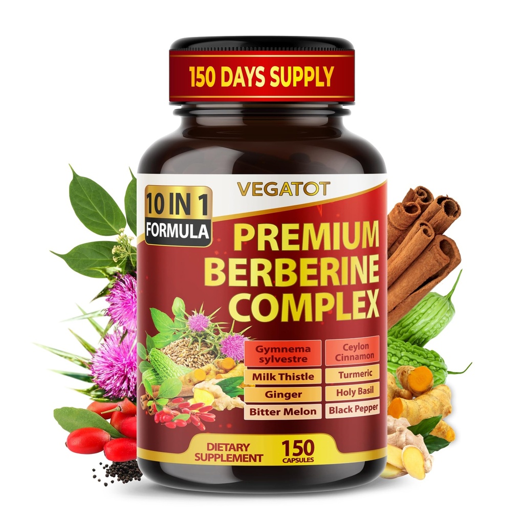 VEGATOT GlucoSavior Berberine Supplement with Ceylon Cinnamon, Bitter Melon, Gymnema - Immune, 심장 건강 및 위장 기능 지원 - 미국 (150 개)에서 만든