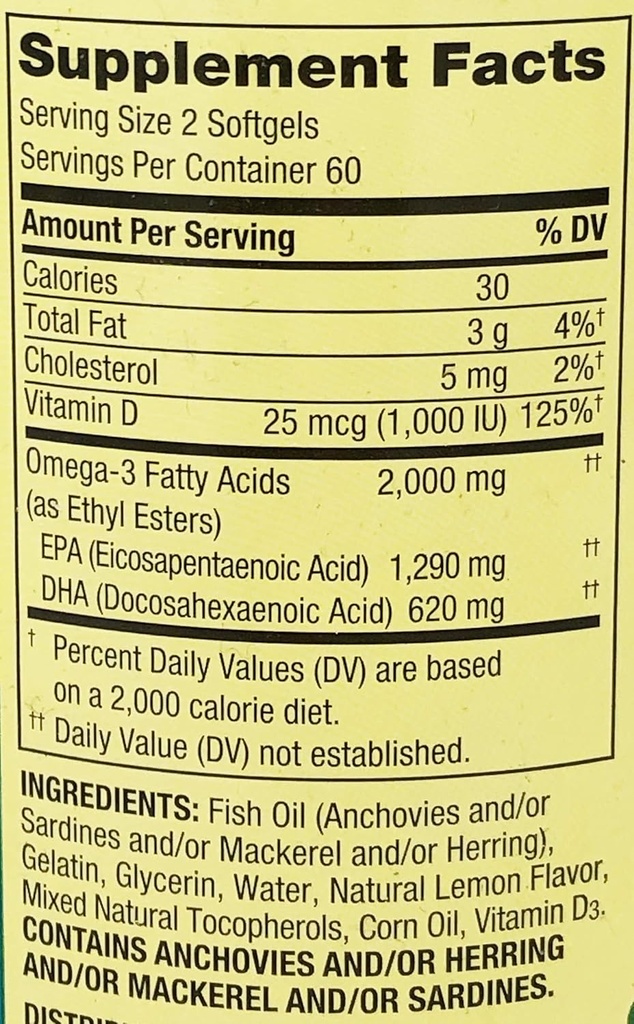 봄 밸리 오메가 3 물고기 기름 최대 배려 2000mg 레몬 120 Softgels